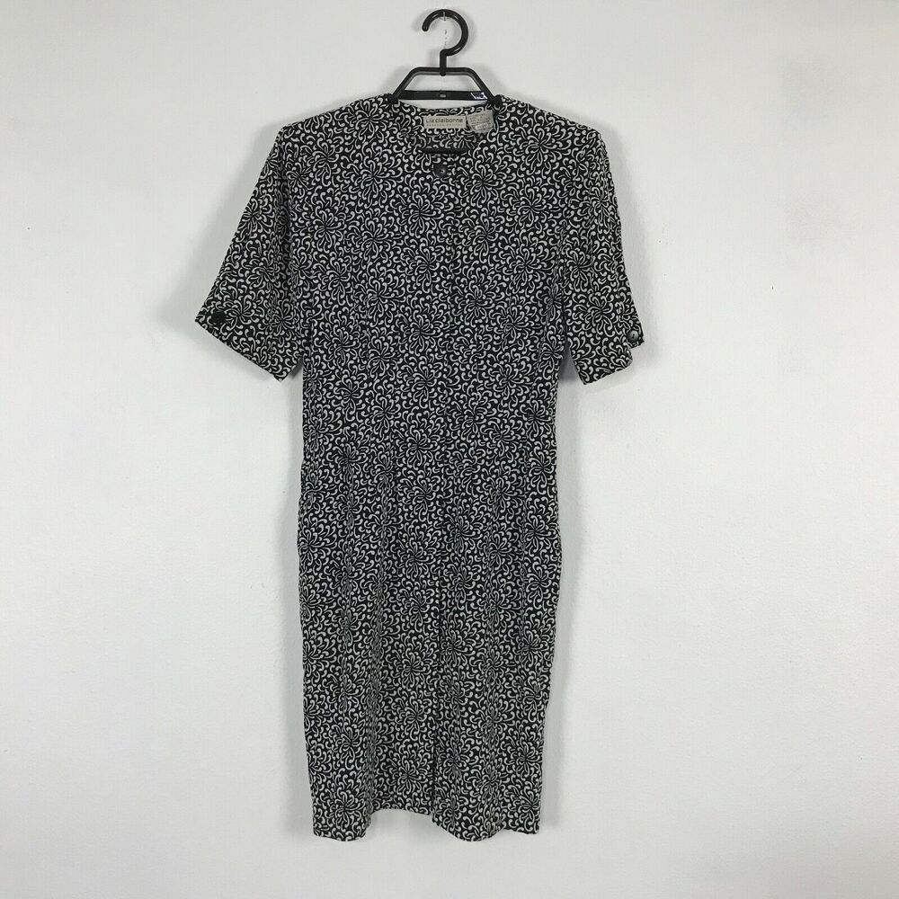 Liz Claiborne Dress Size 8P Black White Floral Short Sleeve Polyester Blend